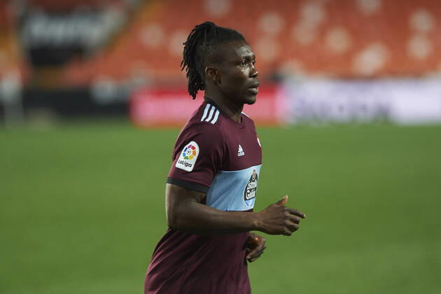20 02 2021, Valencia, Spain, Mestalla, FC Valencia vs Celta Vigo La Liga, Joseph Aidoo Celta Vigo looks photo EU Images Online in match use limited to 45 images 15 in extra time Valencia Mestalla Spain  eu-images-584