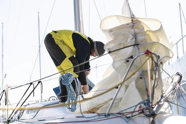 Italian Sailor Gianmarco Sardi in Imperia while training on his boat Antistene. Gianmarco, nick Mambo will attend the Mini Transat 2021, a solo transatlantic yacht race which starts in France and ends in the Caribbean. Copyright: xGabrielexFacciottixGabrielexFacciottix