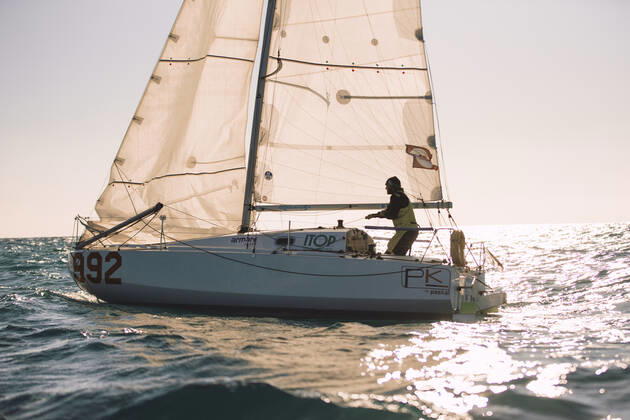 Italian Sailor Gianmarco Sardi in Imperia while training on his boat Antistene. Gianmarco, nick Mambo will attend the Mini Transat 2021, a solo transatlantic yacht race which starts in France and ends in the Caribbean. Copyright: xGabrielexFacciottixGabrielexFacciottix