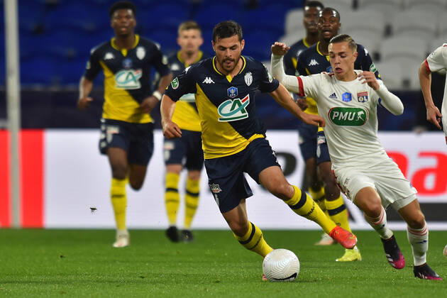 Maxence Caqueret (lyon) vs Kevin Volland (monaco) FOOTBALL : Olympique Lyonnais vs AS Monaco - 1 4 de finale de Coupe de France - 21 04 2021 FredericChambert Panoramic 