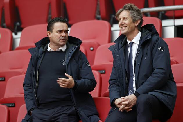AMSTERDAM lr Ajax technical director Marc Overmars, Ajax general director Edwin van der Sar during the Dutch Eredivisie match between Ajax Amsterdam and FC Emmen in the Johan Cruijff Arena on May 02, 2021 in Amsterdam, The Netherlands ANP MAURICE VAN STEEN Dutch Eredivisie 2020 2021 xVIxANPxSportx xxANPxIVx 430950277