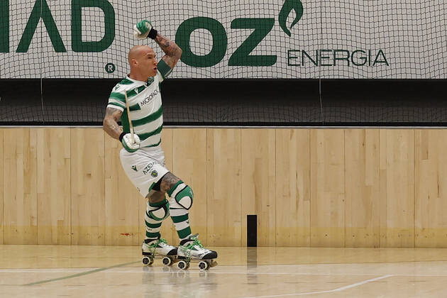 Sporting CP v OC Barcelos - Rink Hockey 1st Division Playoff Pedro Gil celebrates his goal 5-3 in overtime during the Rink Hockey playoffs 1st leg between Sporting CP and OC Barcelos, at Pavilhao Joao Rocha, Lisboa, Portugal, 08, May, 2021 Lisbon Portugal rico-sporting210508_npYoB Copyright: xJoaoxRicox