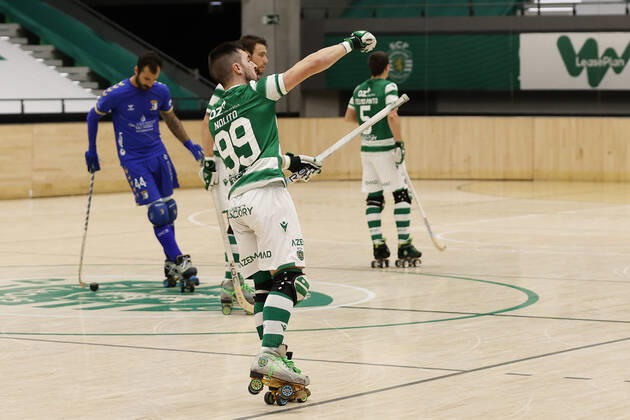 Sporting CP v OC Barcelos - Rink Hockey 1st Division Playoff Nolito Romero celebrates his goal during the Rink Hockey playoffs 1st leg between Sporting CP and OC Barcelos, at Pavilhao Joao Rocha, Lisboa, Portugal, 08, May, 2021 Lisbon Portugal rico-sporting210508_npBYC Copyright: xJoaoxRicox