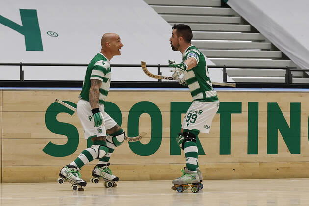 Sporting CP v OC Barcelos - Rink Hockey 1st Division Playoff Pedro Gil celebrates his goal with Nolito Romero during the Rink Hockey playoffs 1st leg between Sporting CP and OC Barcelos, at Pavilhao Joao Rocha, Lisboa, Portugal, 08, May, 2021 Lisbon Portugal rico-sporting210508_npNxi Copyright: xJoaoxRicox