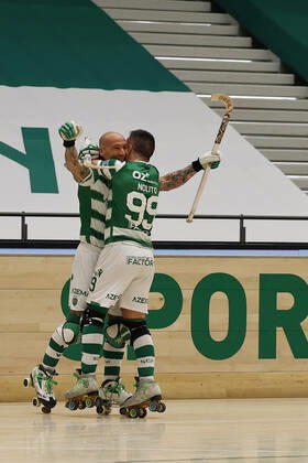 Sporting CP v OC Barcelos - Rink Hockey 1st Division Playoff Pedro Gil celebrates his goal with Nolito Romero during the Rink Hockey playoffs 1st leg between Sporting CP and OC Barcelos, at Pavilhao Joao Rocha, Lisboa, Portugal, 08, May, 2021 Lisbon Portugal rico-sporting210508_npjv1 Copyright: xJoaoxRicox