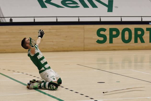 Sporting CP v OC Barcelos - Rink Hockey 1st Division Playoff Nolito Romero celebrates his goal during the Rink Hockey playoffs 1st leg between Sporting CP and OC Barcelos, at Pavilhao Joao Rocha, Lisboa, Portugal, 08, May, 2021 Lisbon Portugal rico-sporting210508_nplT8 Copyright: xJoaoxRicox