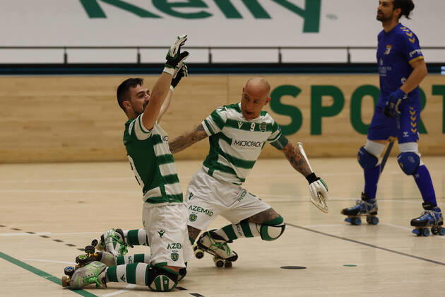 Sporting CP v OC Barcelos - Rink Hockey 1st Division Playoff Nolito Romero celebrates his goal during the Rink Hockey playoffs 1st leg between Sporting CP and OC Barcelos, at Pavilhao Joao Rocha, Lisboa, Portugal, 08, May, 2021 Lisbon Portugal rico-sporting210508_npyWd Copyright: xJoaoxRicox