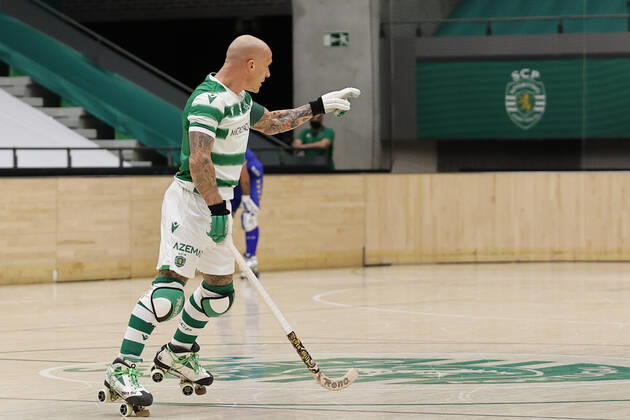 Sporting CP v OC Barcelos - Rink Hockey 1st Division Playoff Pedro Gil celebrates his goal 5-3 in overtime during the Rink Hockey playoffs 1st leg between Sporting CP and OC Barcelos, at Pavilhao Joao Rocha, Lisboa, Portugal, 08, May, 2021 Lisbon Portugal rico-sporting210508_npUJI Copyright: xJoaoxRicox