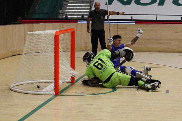 Sporting CP v OC Barcelos - Rink Hockey 1st Division Playoff Dario Gimenez celebrates his goal during the Rink Hockey playoffs 1st leg between Sporting CP and OC Barcelos, at Pavilhao Joao Rocha, Lisboa, Portugal, 08, May, 2021 Lisbon Portugal rico-sporting210508_npcDg Copyright: xJoaoxRicox