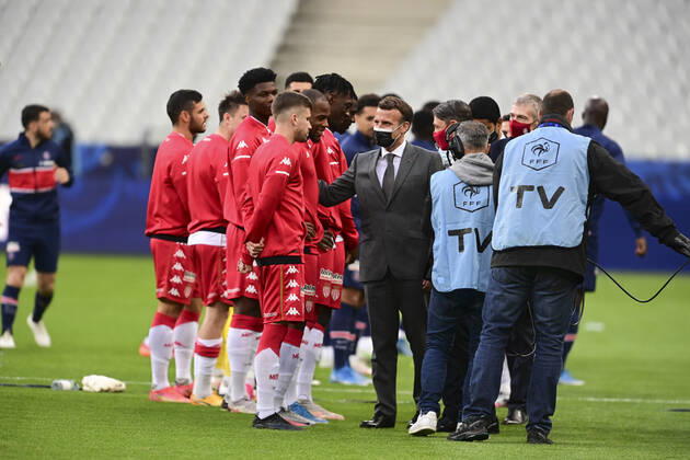 Emmanuel Macron - President de la Republique Francaise Djibril Sidibe (Monaco) FOOTBALL : Finale de la Coupe de France - Monaco vs PSG - 19 05 2021 JBAutissier Panoramic 