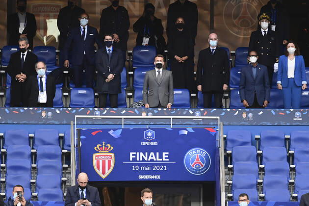 Emmanuel Macron - President de la Republique Francaise Noel Le Graet - President FFF Nicolas Sarkozy Roxana Maracineanu - ministre aupres du ministre de l Education nationale , chargee des Sports Jean Michel Blanquer - ministre de l Education nationale - de la jeunesse et des sports FOOTBALL : Finale de la Coupe de France - Monaco vs PSG - 19 05 2021 JBAutissier Panoramic 