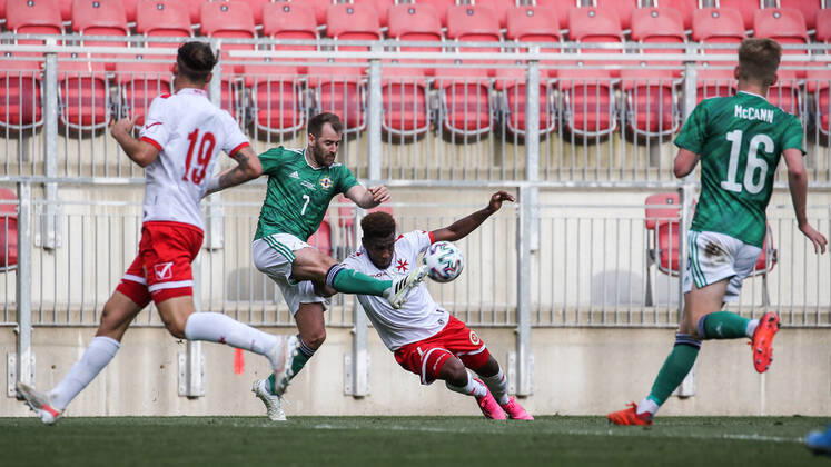 SOCCER - UEFA EURO, EM, Europameisterschaft,Fussball 2020, preview KLAGENFURT,AUSTRIA,30.MAY.21 - SOCCER - UEFA European Championship, EM, Europameisterschaft preview, international match, Länderspiel, Nationalmannschaft Northern Ireland vs Malta, friendly match. Image shows Bailey Paecock Farrell (NIR) and Joseph Mbong (MLT). GEPAxpictures xDanielxGoetzhaber