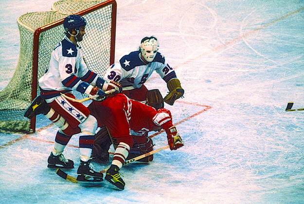 1980 Olympic Winter games, Winterspiele,Spiele, Summer games USA Ice hockey, Eishockey Goalie Jim Craig and Ken Morrow of Team USA in game against the USSR in the Men s Ice Hockey semi-final at the 1980 Olympic Winter Games. Lake Placid New York United States Copyright: xPaulxJxSutton DUOMO PCNx IH0101_037905