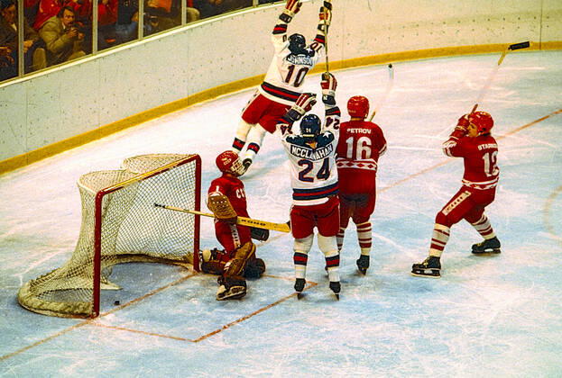1980 Olympic Winter games, Winterspiele,Spiele, Summer games USA Ice hockey, Eishockey Mark Johnson 10 Team USA celebrates scoring a tying goal in the third period against USSR goalie Vladimir Myshkin in the Men s Ice Hockey semi-final at the 1980 Olympic Winter Games. Lake Placid New York United States Copyright: xPaulxJxSutton DUOMO PCNx IH0101_80006