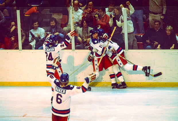 1980 Olympic Winter games, Winterspiele,Spiele, Summer games USA Ice hockey, Eishockey Mark Johnson 10 celebrates scoring a tying goal in the third period with Jack O Callahan 17 and Rob McClanahan 24 and Bill Baker 6 of Team USA against the USSR in the Men s Ice Hockey semi-final at the 1980 Olympic Winter Games. Lake Placid New York United States Copyright: xPaulxJxSutton DUOMO PCNx IH0101_80009