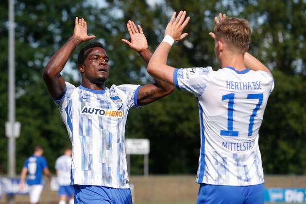 07 07 2021, xtgx, football test match, MSV Neuruppin Hertha BSC Berlin emspor, v l Jhon Cordoba Hertha, 15 , Maximilian Mittelstaedt Hertha, 17 Jubel, Torjubel, jubelt über das Tor, celebrate the goal, celebration DFL DFB REGULATIONS PROHIBIT ANY USE OF PHOTOGRAPHS as IMAGE SEQUENCES and or QUASI VIDEO Neuruppin