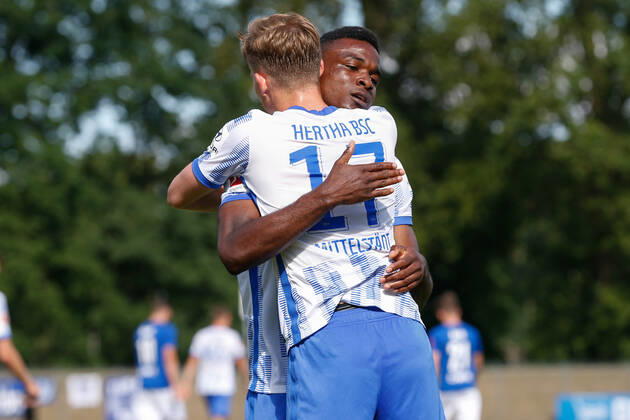 07 07 2021, xtgx, football test match, MSV Neuruppin Hertha BSC Berlin emspor, v l Maximilian Mittelstaedt Hertha, 17 , Jhon Cordoba Hertha, 15 Jubel, Torjubel, jubelt über das Tor, celebrate the goal, celebration DFL DFB REGULATIONS PROHIBIT ANY USE OF PHOTOGRAPHS as IMAGE SEQUENCES and or QUASI VIDEO Neuruppin