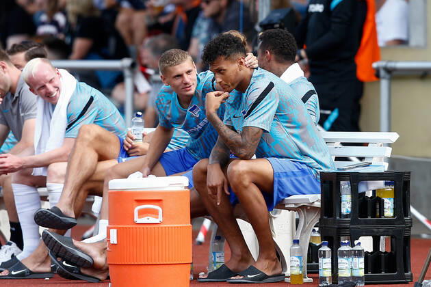 07 07 2021, xtgx, football test match, MSV Neuruppin Hertha BSC Berlin emspor, v l Marton Dardai Hertha, 31 and Davie Selke Hertha, 7 on the bench DFL DFB REGULATIONS PROHIBIT ANY USE OF PHOTOGRAPHS as IMAGE SEQUENCES and or QUASI VIDEO Neuruppin
