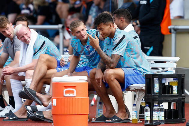 07 07 2021, xtgx, football test match, MSV Neuruppin Hertha BSC Berlin emspor, v l Marton Dardai Hertha, 31 and Davie Selke Hertha, 7 on the bench DFL DFB REGULATIONS PROHIBIT ANY USE OF PHOTOGRAPHS as IMAGE SEQUENCES and or QUASI VIDEO Neuruppin