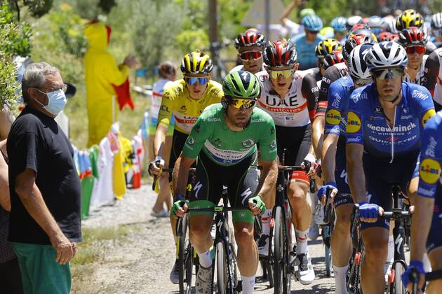 CARCASSONNE, FRANCE - JULY 09 : CAVENDISH Mark (GBR) of DECEUNINCK - QUICK-STEP, POGACAR Tadej (SLO) of UAE TEAM EMIRATES during stage 13 of the 108th edition of the 2021 Tour de France cycling race, a stage of 219,9 kms between Nimes and Carcassonne. on July 9, 2021 in Carcassonne, France, 9 07 2021 CYCLISME : Tour de France 2021 - Etape 13 - Nimes to Carcassonne - 09 07 2021 PHOTONEWS PANORAMIC