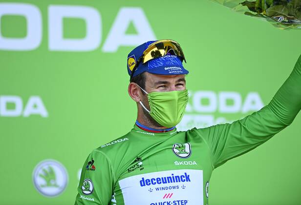CARCASSONNE, FRANCE - JULY 09 : CAVENDISH Mark (GBR) of DECEUNINCK - QUICK - STEP pictured with the green jersey during the podium ceremony during stage 13 of the 108th edition of the 2021 Tour de France cycling race, a stage of 219,9 kms between Nimes and Carcassonne. on July 9, 2021 in Carcassonne, France, 9 07 2021 CYCLISME : Tour de France 2021 - Etape 13 - Nimes to Carcassonne - 09 07 2021 PHOTONEWS PANORAMIC