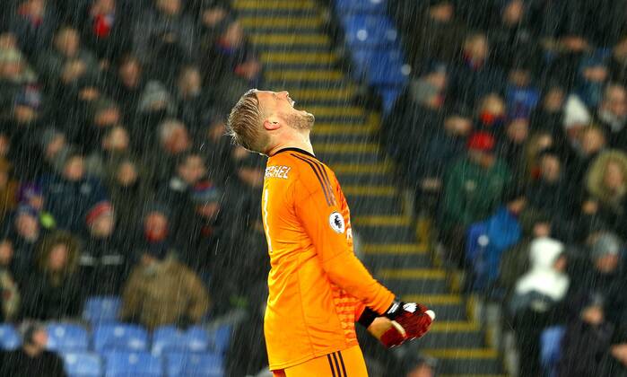 Mandatory Credit: Photo by Kieran McManus BPI Shutterstock (10034511cc) Kasper Schmeichel of Leicester shouts in frustration as heavy rain falls Crystal Palace v Leicester City, Premier League, Football, Selhurst Park, London, UK - 15 Dec 2018 EDITORIAL USE ONLY No use with unauthorised audio, video, data, fixture lists (outside the EU), club league logos or live services. Online in-match use limited to 45 images (+15 in extra time). No use to emulate moving images. No use in betting, games or single club league player publications services. Crystal Palace v Leicester City, Premier League, Football, Selhurst Park, London, UK - 15 Dec 2018 EDITORIAL USE ONLY No use with unauthorised audio, video, data, fixture lists (outside the EU), club league logos or live services. Online in-match use limited to 45 images (+15 in extra time). No use to emulate moving images. No use in betting, games or Copyright: xKieranxMcManus BPI Shutterstockx 10034511cc