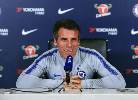 Mandatory Credit: Photo by Dave Shopland BPI Shutterstock (9948663e) Chelsea Football Club Assistant Manager Gianfranco Zola talks to the Media previewing Chelsea v Derby County EFL Cup Match. Chelsea FC press conference, PK, Pressekonferenz Football, Cobham, Surrey, UK - 30 Oct 2018 Chelsea FC Press Conference, Football, Cobham, Surrey, UK - 30 Oct 2018  Copyright: xDavexShopland BPI Shutterstockx 9948663e