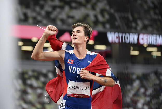 Jakob INGEBRIGTSEN NOR , winner, Olympic Champion, 1 place, Gold Medal, Gold Medallist, Olympic Champion, Gold Medalist, cheers, joy, cheers, athletics, MenÕs 1500m Final, Men s Javelin Throw Final, on 07 08 2021 Summer Olympics 2020, from 23 07 08 2021 in Tokyo Japan
