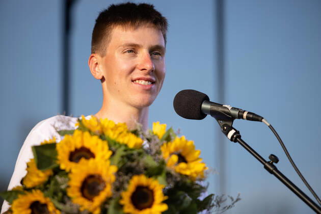 August 13, 2021, Komenda, Slovenia: Two-time Tour de France winner Tadej Pogacar on stage at a reception in his honour in Komenda, his hometown. .Pogacar won the Tour de France for the second time in a row and bronze medal at the Tokyo Olympic Games, Olympische Spiele, Olympia, OS Komenda Slovenia - ZUMAs197 0129347030st Copyright: xLukaxDakskoblerx