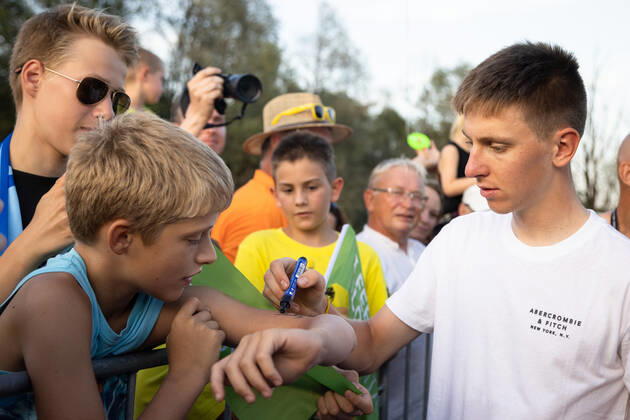 August 13, 2021, Komenda, Slovenia: Two-time Tour de France winner Tadej Pogacar signs autographs at a reception in his honour in Komenda, his hometown. .Pogacar won the Tour de France for the second time in a row and bronze medal at the Tokyo Olympic Games, Olympische Spiele, Olympia, OS Komenda Slovenia - ZUMAs197 0129347630st Copyright: xLukaxDakskoblerx