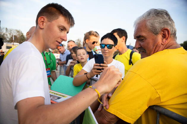 August 13, 2021, Komenda, Slovenia: Two-time Tour de France winner Tadej Pogacar signs autographs at a reception in his honour in Komenda, his hometown. .Pogacar won the Tour de France for the second time in a row and bronze medal at the Tokyo Olympic Games, Olympische Spiele, Olympia, OS Komenda Slovenia - ZUMAs197 0129347987st Copyright: xLukaxDakskoblerx