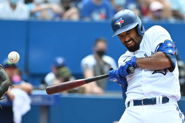 August 22, 2021, Toronto, on, Canada: Toronto Blue Jays Marcus Semien reacts after being hit by a pitch from Detroit Tigers Jose Cisnero, not seen, in the seventh inning of an American League baseball game in Toronto on Sunday, Aug. 22, 2021. Marcus Semien - ZUMAc35_ 20210822_zaf_c35_033 Copyright: xJonxBlackerx