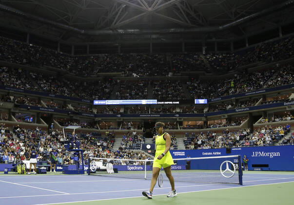 Naomi Osaka of Japan changes sides after the first game of the third set before losing to Leylah Fernandez of Canada in 3 sets in Arthur Ashe Stadium in the third round of the 2021 US Open Tennis Championships at the USTA Billie Jean King National Tennis Center on Friday, September 3, 2021 in New York City.  NYP20210903133 JOHNxANGELILLO