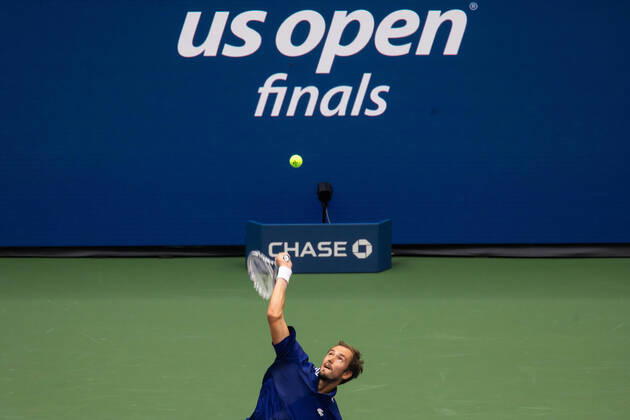 (210913) -- NEW YORK, Sept. 13, 2021 -- Daniil Medvedev of Russia serves during the men s singles final between Novak Djokovic of Serbia and Daniil Medvedev of Russia at the 2021 US Open in New York, the United States, Sept. 12, 2021. (Photo by Xinhua) (SP)U.S.-NEW YORK-TENNIS-US OPEN-MEN S SINGLES-FINAL MichaelxNagle 