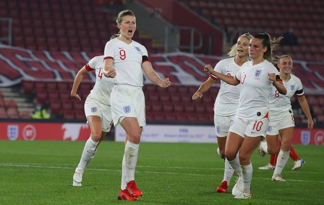Southampton, England, 17th September 2021. Ellen White of England celebrates after she scores to make it 4-0 during the FIFA 2023 Women s World Cup Qualifying match at St Mary s Stadium, Southampton. Picture credit should read: Paul Terry Sportimage EDITORIAL USE ONLY. No use with unauthorised audio, video, data, fixture lists, club league logos or live services. Online in-match use limited to 120 images, no video emulation. No use in betting, games or single club league player publications. SPI-1202-0020