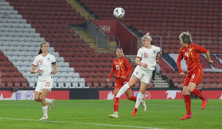 Southampton, England, 17th September 2021. Bethany England of England scores to make it 7-0 during the FIFA 2023 Women s World Cup Qualifying match at St Mary s Stadium, Southampton. Picture credit should read: Paul Terry Sportimage EDITORIAL USE ONLY. No use with unauthorised audio, video, data, fixture lists, club league logos or live services. Online in-match use limited to 120 images, no video emulation. No use in betting, games or single club league player publications. SPI-1202-0029