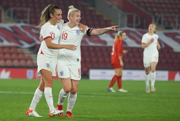 Southampton, England, 17th September 2021. Bethany England (R) of England celebrates after scoring to make it 7-0 during the FIFA 2023 Women s World Cup Qualifying match at St Mary s Stadium, Southampton. Picture credit should read: Paul Terry Sportimage EDITORIAL USE ONLY. No use with unauthorised audio, video, data, fixture lists, club league logos or live services. Online in-match use limited to 120 images, no video emulation. No use in betting, games or single club league player publications. SPI-1202-0031