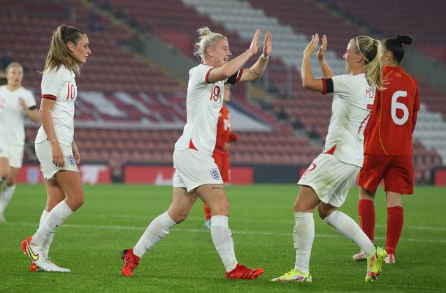 Southampton, England, 17th September 2021. Bethany England (C) of England celebrates after scoring to make it 7-0 during the FIFA 2023 Women s World Cup Qualifying match at St Mary s Stadium, Southampton. Picture credit should read: Paul Terry Sportimage EDITORIAL USE ONLY. No use with unauthorised audio, video, data, fixture lists, club league logos or live services. Online in-match use limited to 120 images, no video emulation. No use in betting, games or single club league player publications. SPI-1202-0046