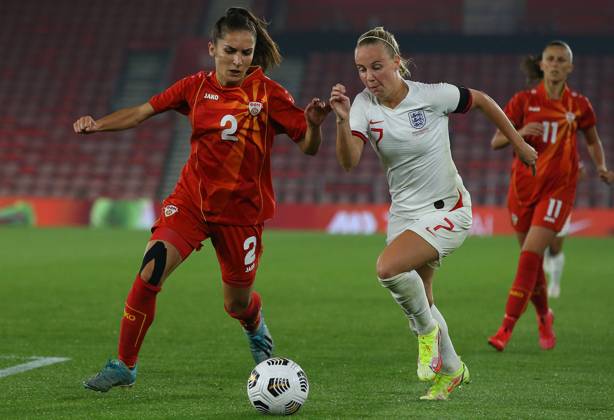 Southampton, England, 17th September 2021. Beth Mead of England and Sindis Polozhani of North Macedonia challenge for the ball during the FIFA 2023 Women s World Cup Qualifying match at St Mary s Stadium, Southampton. Picture credit should read: Paul Terry Sportimage EDITORIAL USE ONLY. No use with unauthorised audio, video, data, fixture lists, club league logos or live services. Online in-match use limited to 120 images, no video emulation. No use in betting, games or single club league player publications. SPI-1202-0059