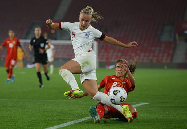 Southampton, England, 17th September 2021. Beth Mead of England and Sindis Polozhani of North Macedonia challenge for the ball during the FIFA 2023 Women s World Cup Qualifying match at St Mary s Stadium, Southampton. Picture credit should read: Paul Terry Sportimage EDITORIAL USE ONLY. No use with unauthorised audio, video, data, fixture lists, club league logos or live services. Online in-match use limited to 120 images, no video emulation. No use in betting, games or single club league player publications. SPI-1202-0060