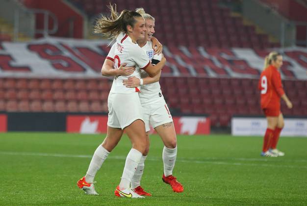 Southampton, England, 17th September 2021. Bethany England (R) of England celebrates with Ella Toone after scoring to make it 7-0 during the FIFA 2023 Women s World Cup Qualifying match at St Mary s Stadium, Southampton. Picture credit should read: Paul Terry Sportimage EDITORIAL USE ONLY. No use with unauthorised audio, video, data, fixture lists, club league logos or live services. Online in-match use limited to 120 images, no video emulation. No use in betting, games or single club league player publications. SPI-1202-0063