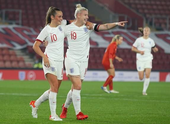 Southampton, England, 17th September 2021. Bethany England (R) of England celebrates with Ella Toone after scoring to make it 7-0 during the FIFA 2023 Women s World Cup Qualifying match at St Mary s Stadium, Southampton. Picture credit should read: Paul Terry Sportimage EDITORIAL USE ONLY. No use with unauthorised audio, video, data, fixture lists, club league logos or live services. Online in-match use limited to 120 images, no video emulation. No use in betting, games or single club league player publications. SPI-1202-0064
