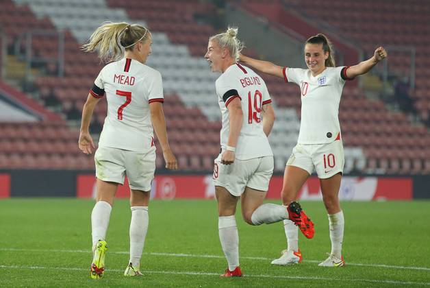 Southampton, England, 17th September 2021. Beth Mead (L) of England celebrates with Bethany England after scoring to make it 8-0 during the FIFA 2023 Women s World Cup Qualifying match at St Mary s Stadium, Southampton. Picture credit should read: Paul Terry Sportimage EDITORIAL USE ONLY. No use with unauthorised audio, video, data, fixture lists, club league logos or live services. Online in-match use limited to 120 images, no video emulation. No use in betting, games or single club league player publications. SPI-1202-0065