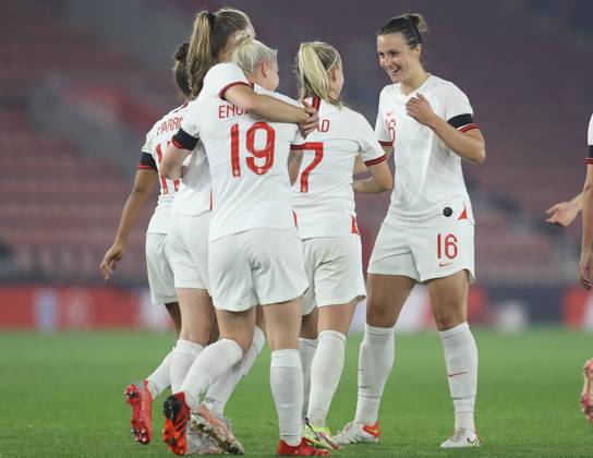 Southampton, England, 17th September 2021. Beth Mead (2nd R ) of England celebrates with Charlotte Wubben-Moy after scoring to make it 8-0 during the FIFA 2023 Women s World Cup Qualifying match at St Mary s Stadium, Southampton. Picture credit should read: Paul Terry Sportimage EDITORIAL USE ONLY. No use with unauthorised audio, video, data, fixture lists, club league logos or live services. Online in-match use limited to 120 images, no video emulation. No use in betting, games or single club league player publications. SPI-1202-0067