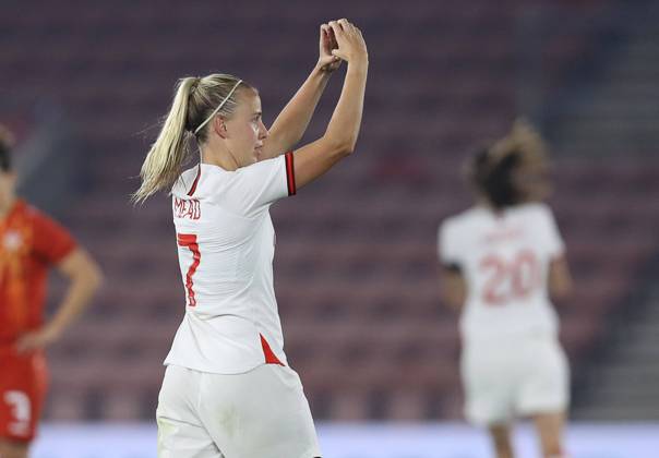 Southampton, England, 17th September 2021. Beth Mead of England celebrates after scoring to make it 8-0 during the FIFA 2023 Women s World Cup Qualifying match at St Mary s Stadium, Southampton. Picture credit should read: Paul Terry Sportimage EDITORIAL USE ONLY. No use with unauthorised audio, video, data, fixture lists, club league logos or live services. Online in-match use limited to 120 images, no video emulation. No use in betting, games or single club league player publications. SPI-1202-0068