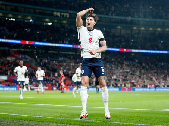 (211013) -- LONDON, Oct. 13, 2021 -- England s John Stones celebrates after scoring during the FIFA World Cup, WM, Weltmeisterschaft, Fussball Qatar 2022 qualification group I match between England and Hungary in London, Britain on Oct. 12, 2021. (Photo by Xinhua) (SP)BRITAIN-LONDON-FOOTBALL-WORLD CUP QUALIFYING-ENGLAND VS HUNGARY MatthewxImpey