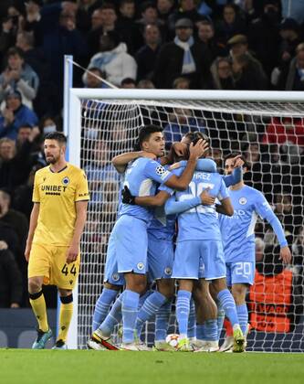 Manchester, United Kingdom - November 03 : Riyad Mahrez forward of Manchester City celebrates scoring a goal during the UEFA Champions League Group stage A match between Manchester City FC and Club Brugge on November 3, 2021 in Manchester, United Kingdom, 3 11 2021 ( Manchester City v Club Brugge - UEFA Champions League PhotoNews Panoramic