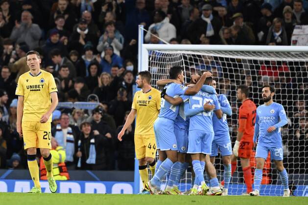 Manchester, United Kingdom - November 03 : Riyad Mahrez forward of Manchester City celebrates scoring a goal during the UEFA Champions League Group stage A match between Manchester City FC and Club Brugge on November 3, 2021 in Manchester, United Kingdom, 3 11 2021 ( Manchester City v Club Brugge - UEFA Champions League PhotoNews Panoramic
