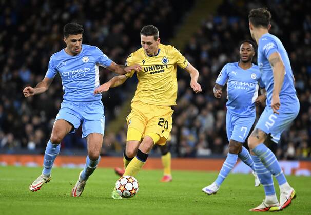 Manchester, United Kingdom - November 03 : Rodrigo midfielder of Manchester City & Hans Vanaken midfielder of Club Brugge during the UEFA Champions League Group stage A match between Manchester City FC and Club Brugge on November 3, 2021 in Manchester, United Kingdom, 3 11 2021 ( Manchester City v Club Brugge - UEFA Champions League PhotoNews Panoramic
