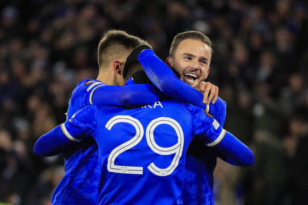 UEFA Europa League Leicester City vs Legia Warsaw James Maddison 10 of Leicester City congratulates Patson Daka 29 of Leicester City after scoring to make it 1-0 Leicester King Power Stadium Leicestershire United Kingdom Copyright: xConorxMolloy NewsxImagesx